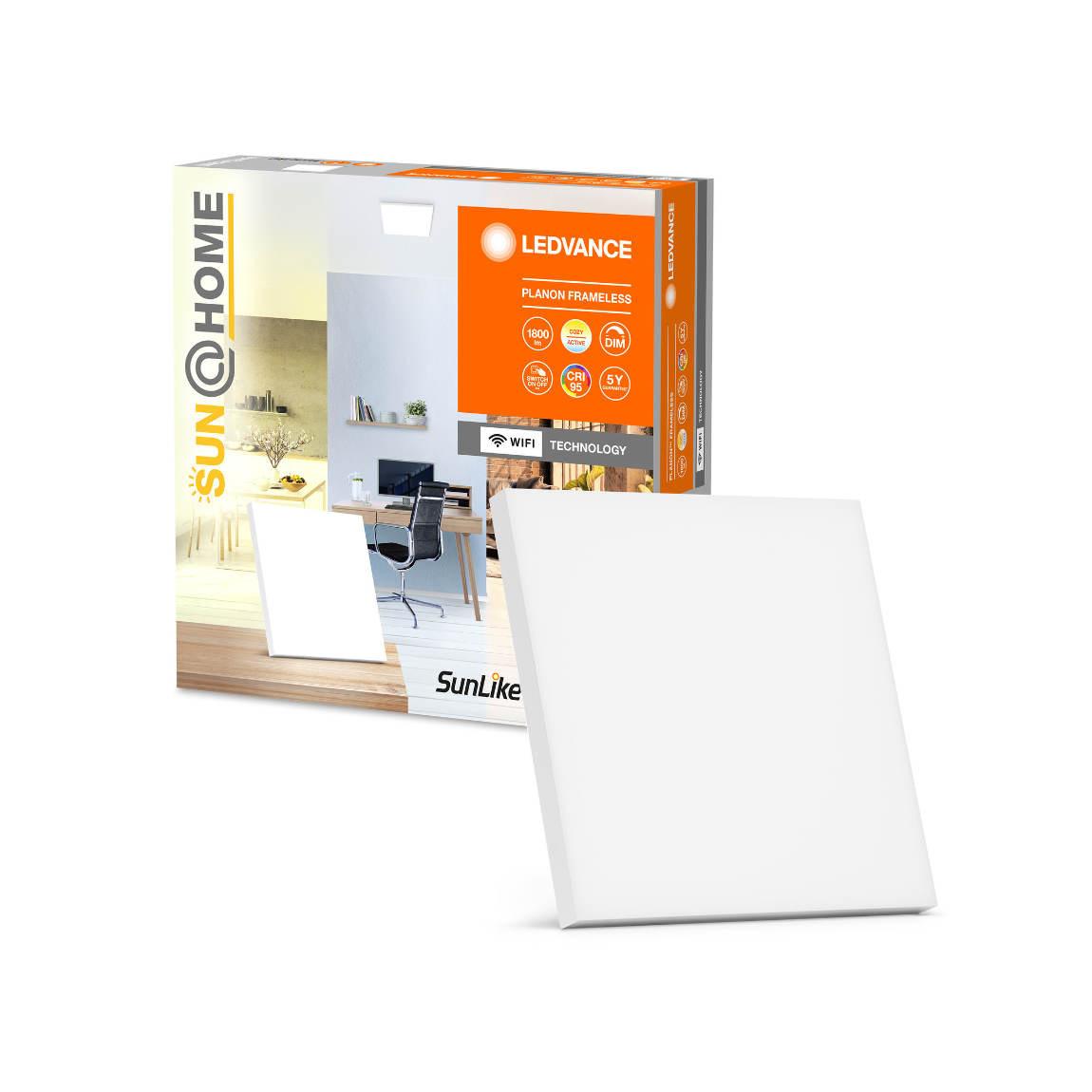 Ledvance Sun@Home SMART+ Planon Frameless 300x300 WiFi Warm- und Kaltweiß_Verpackung mit Lampe