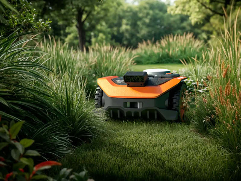 Worx WR308E Landroid Vision Cloud Mähroboter fährt zwischen Sträuchern hindurch auf dem Rasen