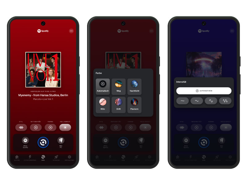 Philips Hue Sync & Spotify verbinden: Hue App im Sync Modus zeigt abgespielte Musik und bietet Auswahlmöglichkeiten für Farbschema & Intensität