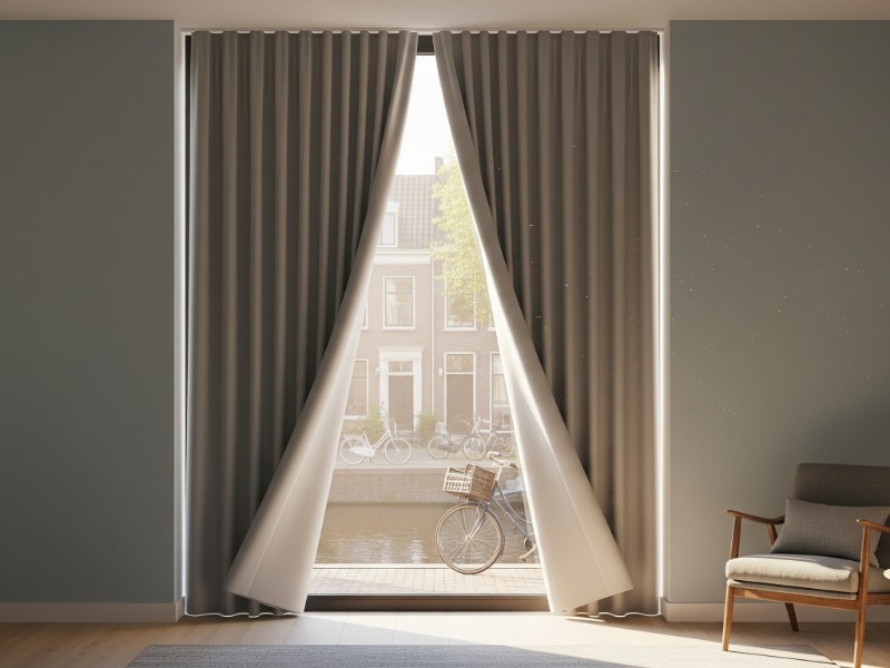 Ein gemütliches, modernes Wohnzimmer mit großen, teilweise geöffneten taupefarbenen Vorhängen, die auf einen sonnigen Kanal mit Kanalhäusern und Fahrrädern blicken. Sonnenlicht strömt in den Raum und beleuchtet eine Holzkommode und einen bequemen Sessel.