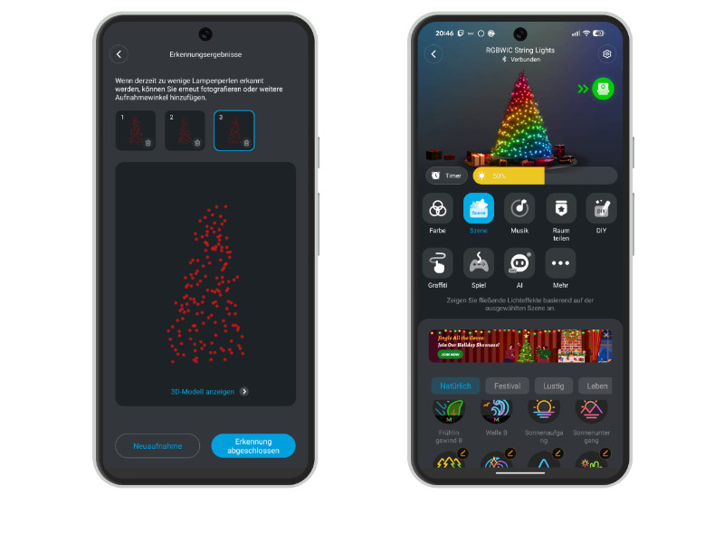 Govee Lichterkette in der App eingerichtet: 3D-Modell von der Lichterkette im Baum und Auswahl von Effekten