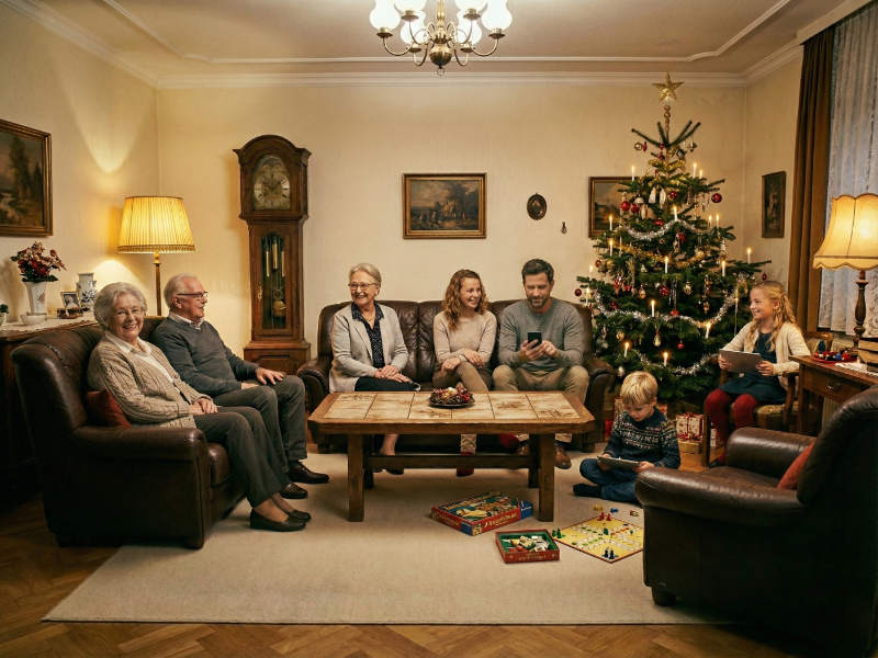 Einbrecher abschrecken: Weihnachten bei Oma und Opa zu Hause - Familie sitzt im Wohnzimmer, Kinder spielen auf iPads, Mann schaut aufs Telefon, um zu Hause nach dem Rechten zu sehen.