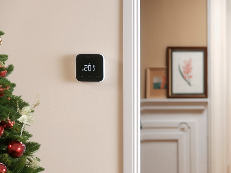 Weißes Tado-Thermostat mit 20,0 °C auf einer hellbeigen Wand neben einem grünen Weihnachtsbaum mit roten Kugeln. Energie sparen an Weihnachten