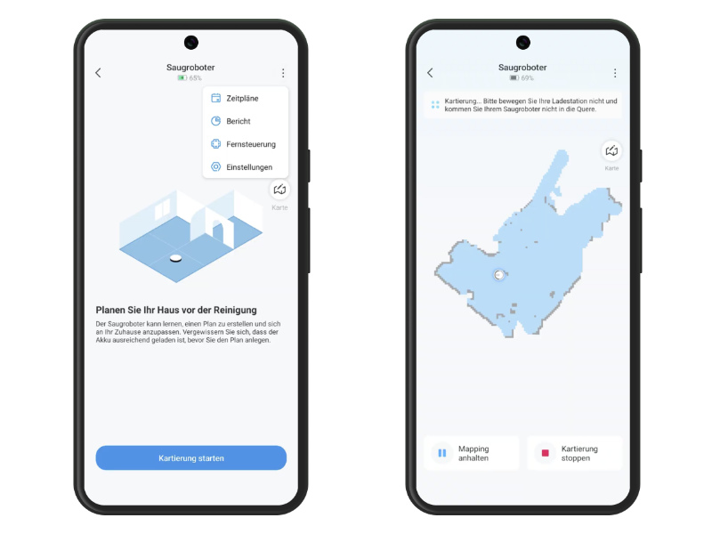 Smartphone-Bildschirm zeigt TP-Link App, RV30 Max Plus startet Kartierung