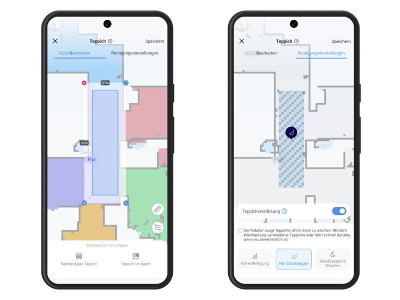TP-Link Tapo RV30 Max Plus - Teppich wird in der App eingezeichnet und der Reinigungsmodus festgelegt