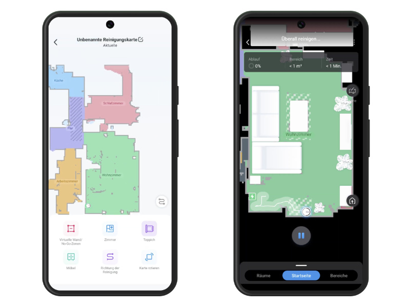 Smartphone-Bildschirm zeigt TP-Link App, Kartierung ist abgeschlossen und RV30 Max Plus startet Reinigung