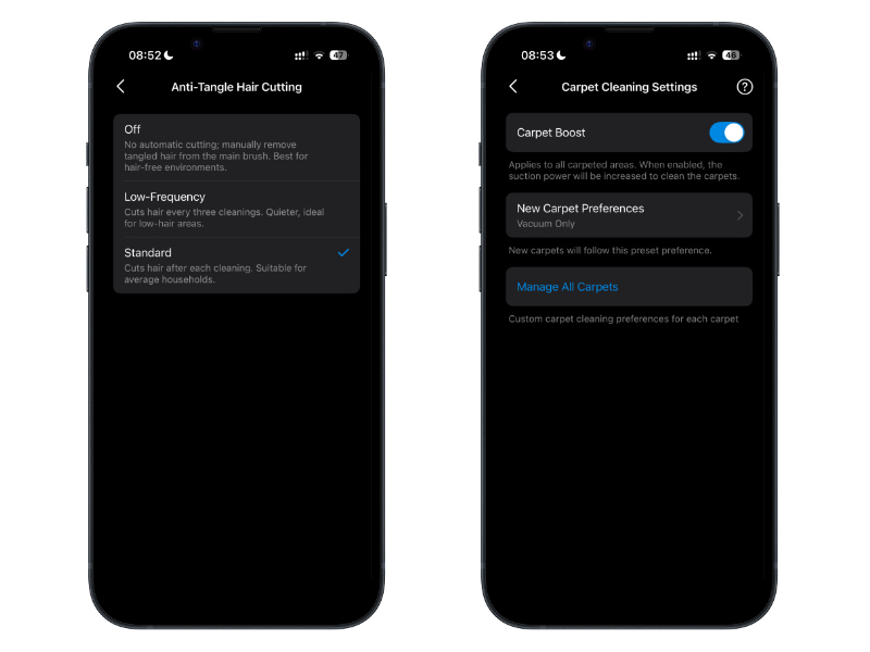 TP-Link Tapo RV50 Pro Omni App zeigt Haarentwirrungs- und Teppichmodus