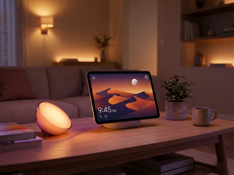 Amazon Echo Show 11 mit warmem orangefarbenem Licht und einer intelligenten Philips Hue Go Tischlampe auf einem braunen Holztisch – ideal, um ein Alexa-Smart-Home zu starten.