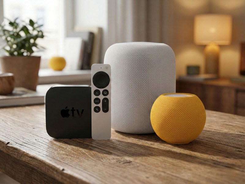 Schwarzes Apple TV, silberne Siri Remote, großer weißer HomePod und kleiner gelber HomePod mini auf einem Holztisch, dargestellt im Kontext von 25 Siri-Hacks.