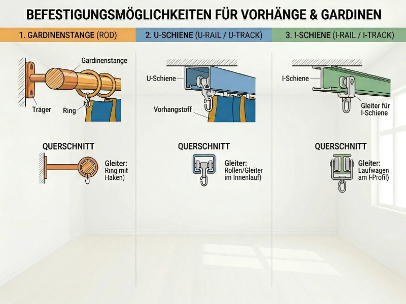 Schematische Darstellung der Befestigungsmöglichkeiten für Vorhänge und Gardinen. Gezeigt wird eine Gardinenstange, eine U-Schiene und eine I-Schiene mit Begriffserklärung und im Querschnitt.