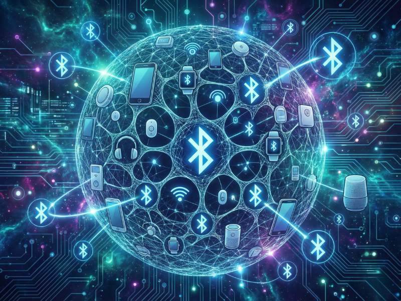 Digitale Darstellung eines Bluetooth Mesh Netzwerks: Eine leuchtend blaue Kugel gefüllt mit vernetzten IoT-Geräten und Bluetooth-Symbolen auf einem futuristischen, blau-grünen Schaltkreishintergrund.