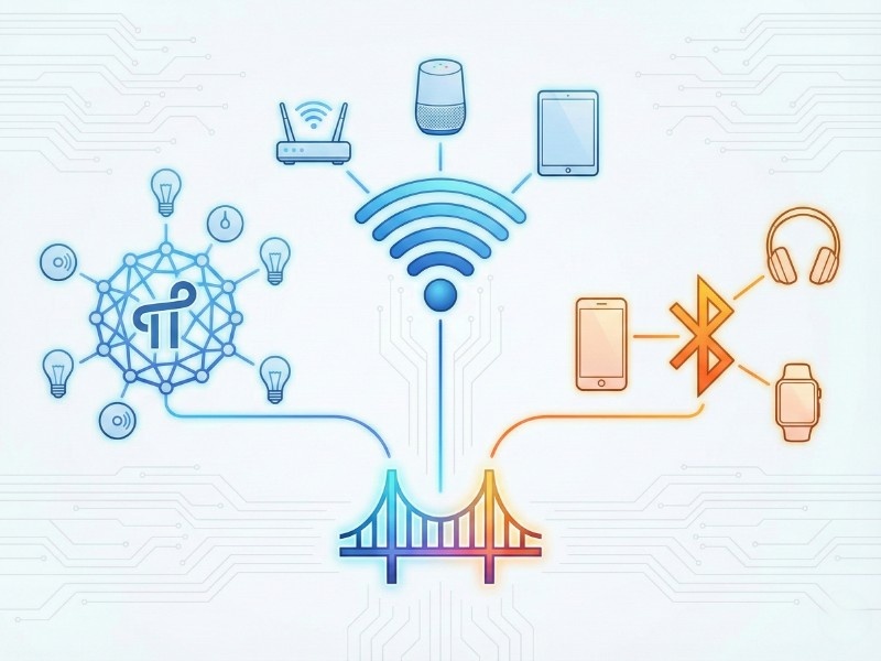 Diagramm zur Smart-Home-Konnektivität mit einem zentralen Gateway (Brücke), das Geräte über blaues Thread-Mesh (Glühlampen), WLAN (Router, Speaker, Tablet) und orangefarbenes Bluetooth (Smartphone, Uhr, Kopfhörer) verbindet. Die Illustration thematisiert: Thread WLAN oder Bluetooth?