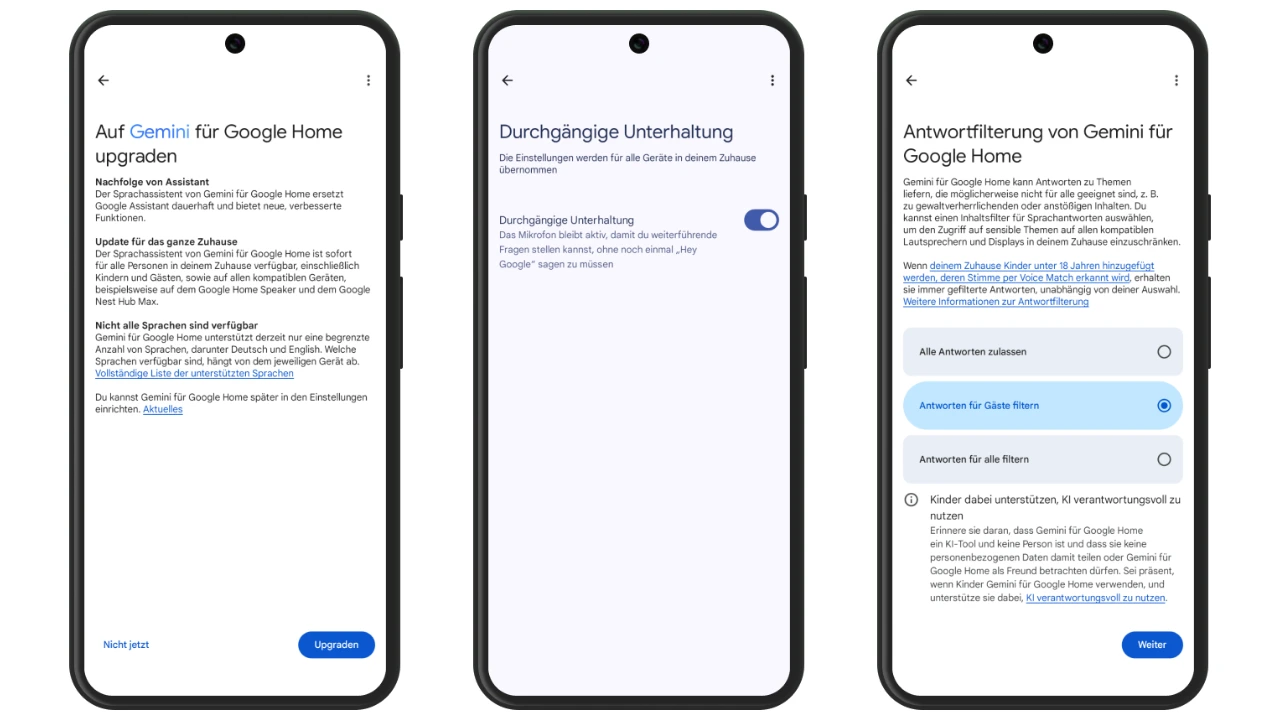 Google Home Gemini Einrichtung auf drei Smartphone-Bildschirmen: Upgrade auf Gemini, Antwortfilterung und Durchgängige Unterhaltung