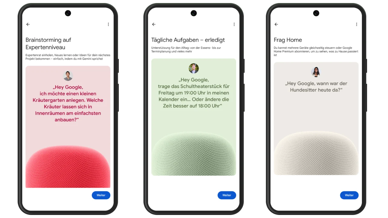 Google Home Gemini Funktionen auf drei Smartphone-Bildschirmen: Brainstorming, Tägliche Aufgaben und Frag Home