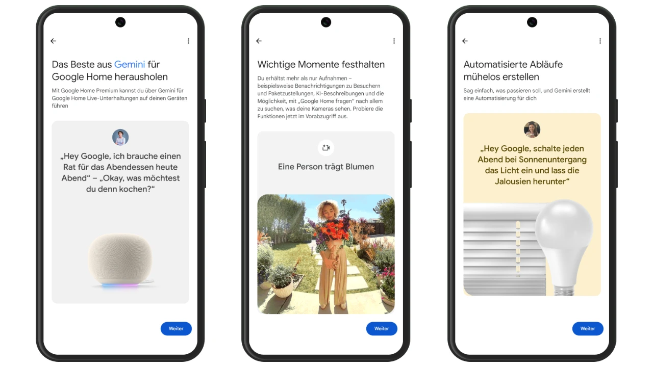 Google Home Gemini Funktionen auf drei Smartphone-Bildschirmen: Abendessen, KI-Beschreibung für die Kamera & Automatisierte Abläufe