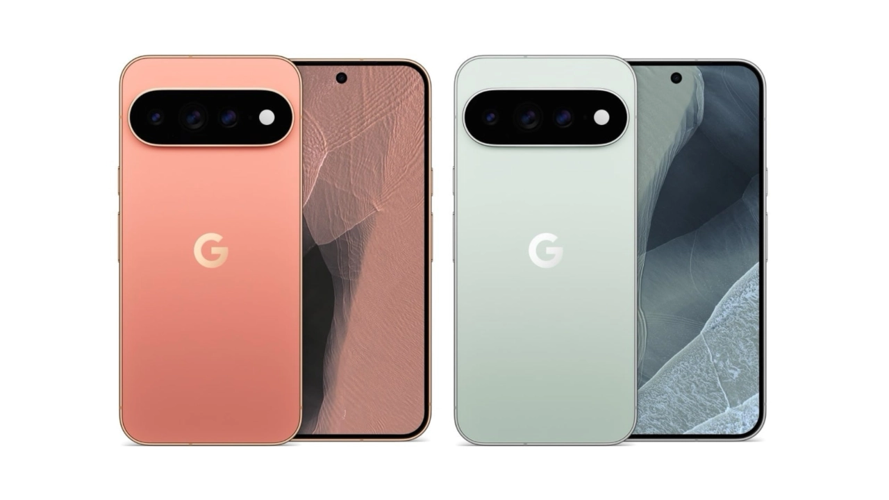 Zwei Smartphones zeigen die Vorder- und Rückseite in verschiedenen modernen Google-Pixel-11-Farben, darunter ein auffälliger Korallenton und eine elegante hellgrüne Variante.
