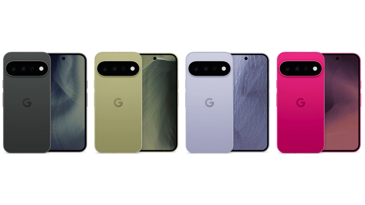 Eine Übersicht über vier Smartphones in den verschiedenen Google Pixel 11-Farben, die von Dunkelgrau und Olivgrün bis hin zu Lila und Knallrosa reichen.