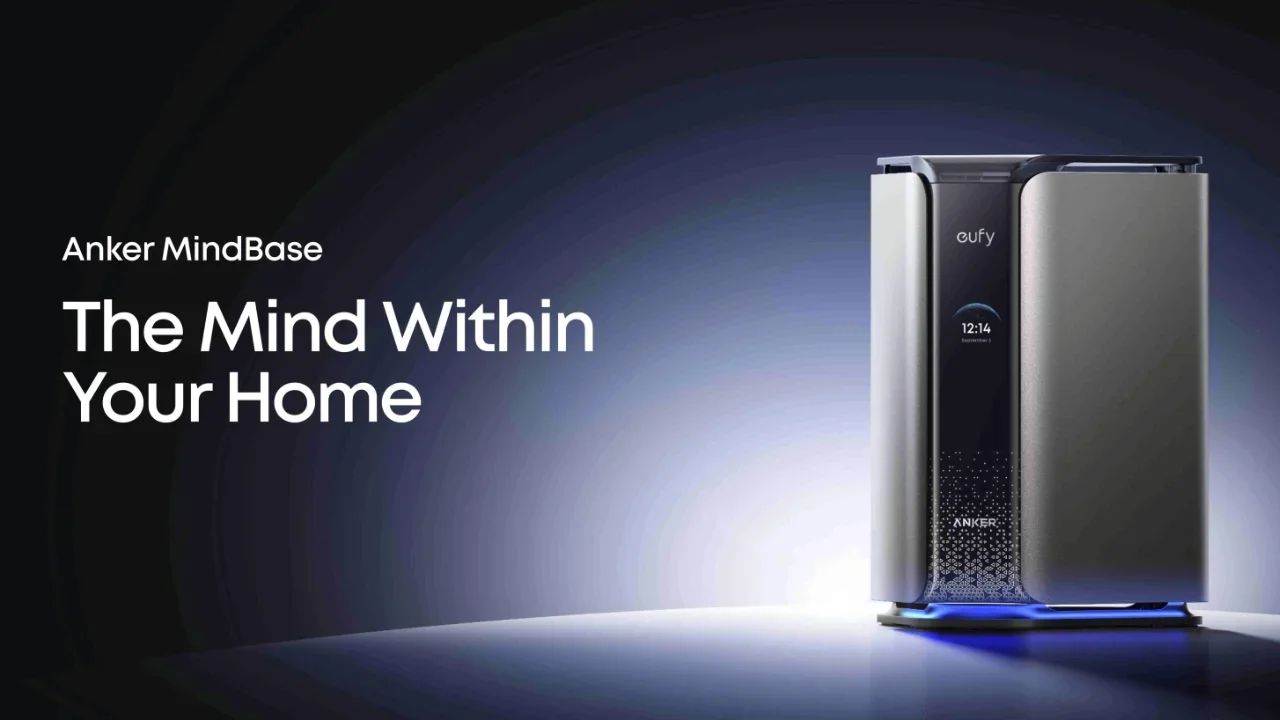 Anker MindBase Smart-Home-Hub mit digitalem Display und eufy-Branding, mit dem Slogan „The Mind Within Your Home“.