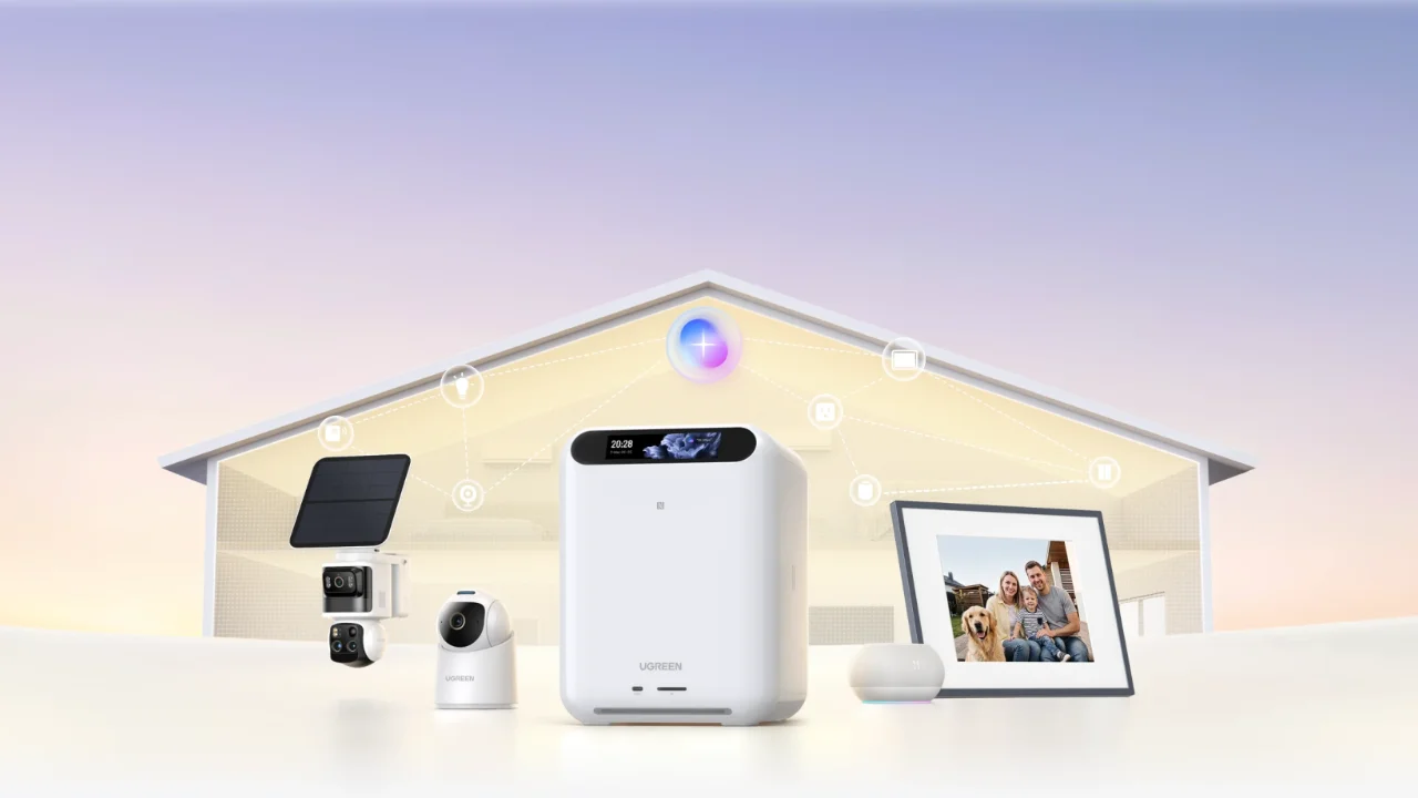 Ugreen-Smart-Home-Ökosystem mit NAS-Speicher, Sicherheitskameras und vernetzten Geräten in einem stilisierten Haus.