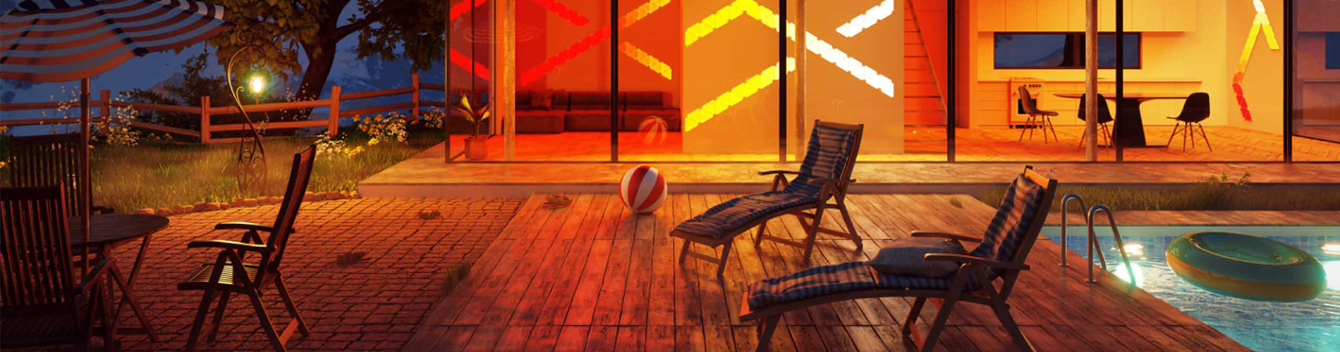 Nanoleaf Aurora LED Panels im Haus; Terrasse mit Pool vor dem Haus