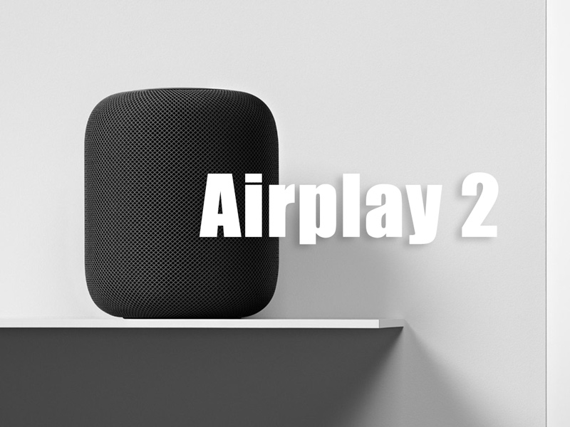 Apple HomePod mit Airplay 2 Schriftzug im Vordergrund.
