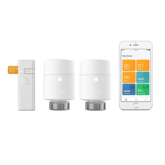 tado° Smartes Heizkörper-Thermostat Starter Kit V3+ mit 2 Thermostaten und Bridge