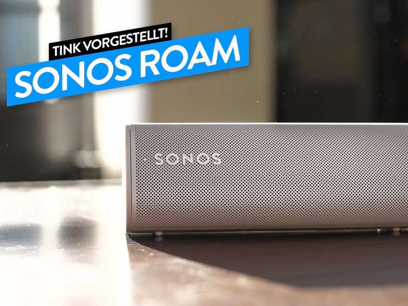 Sonos Roam Bluetooth-Lautsprecher in weiß auf Kommode.