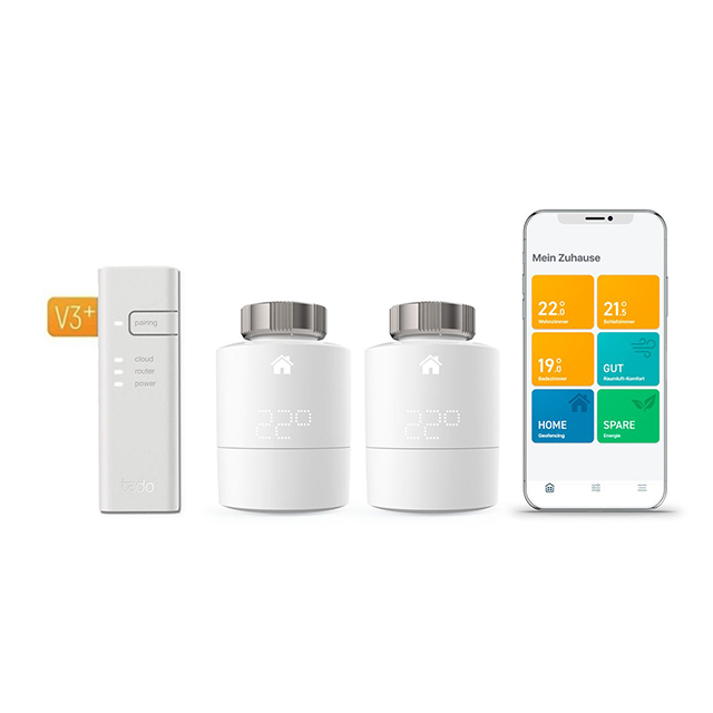 Produktbild Smart Home Heizung Starter Set von tado° mit zwei Thermostaten und einer Bridge.