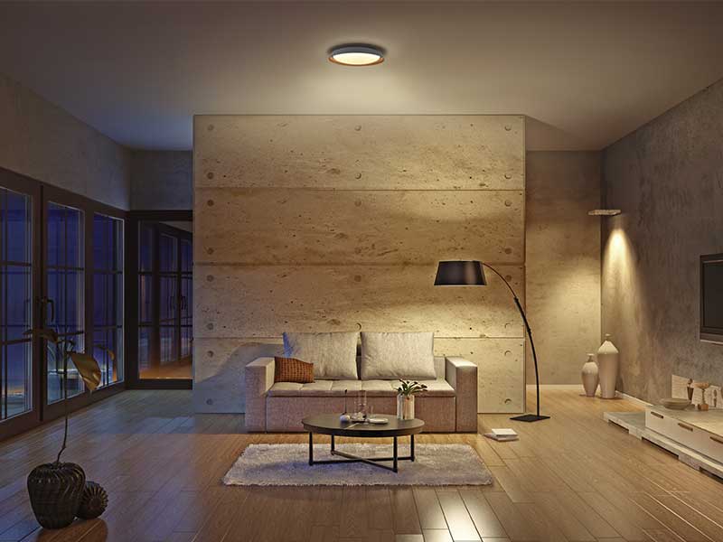 Ledvance Smart Indoor Wifi Orbis Plate in Wohnzimmer mit Tageslichtsimulation