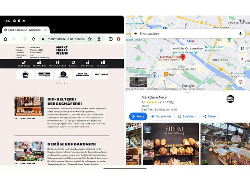 Pixel Tablet Splitscreen zeigt Markthalle 9 Website und Standort auf Google Maps gleichzeitig