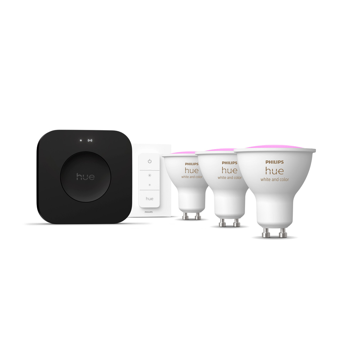 Philips Hue Starter Set - mit Bridge Pro und 3 White and Color Ambiance GU10 Spots - 400 lm + Dimmschalter - Weiß
