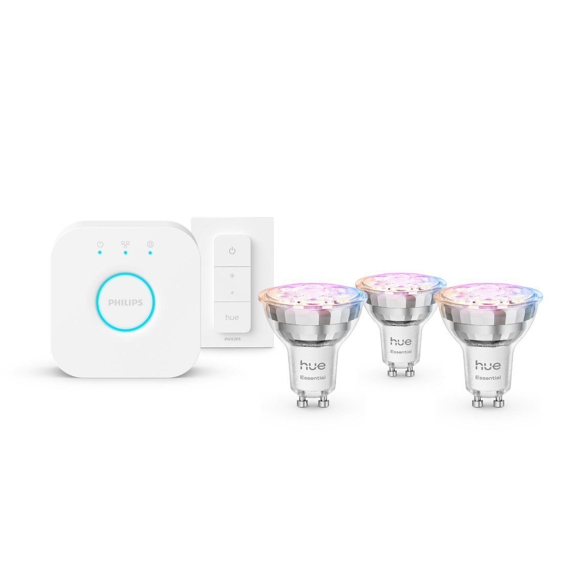 Philips Hue Essential Starter-Set - Hue Bridge + 3x White and Color Ambiance GU10 + Dimmschalter - Weiß