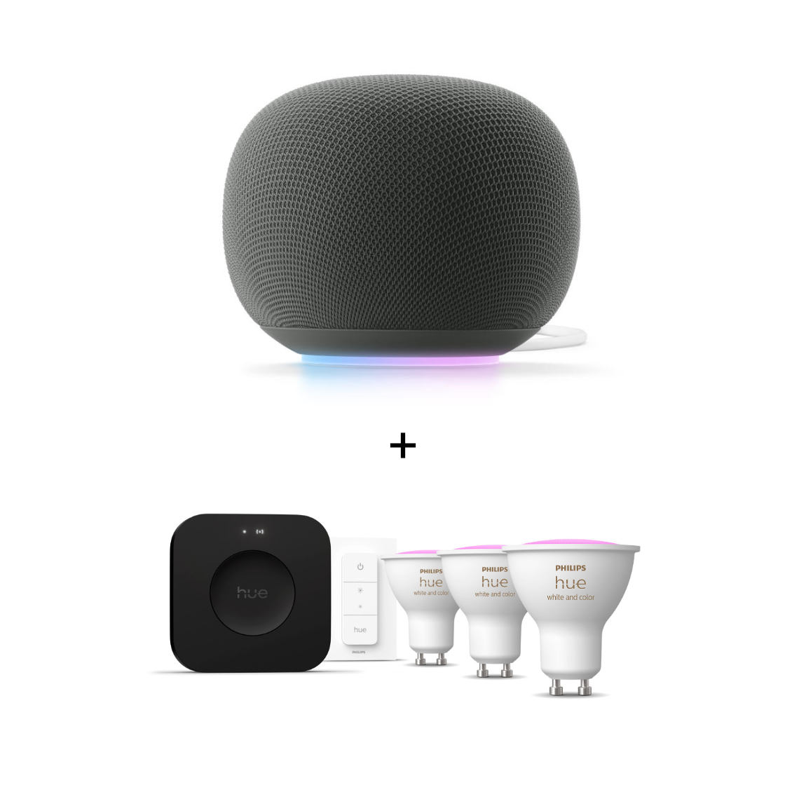 Google Starter Set - mit Home Speaker + Philips Hue Bridge Pro + 2 White Ambiance E27 Lampen