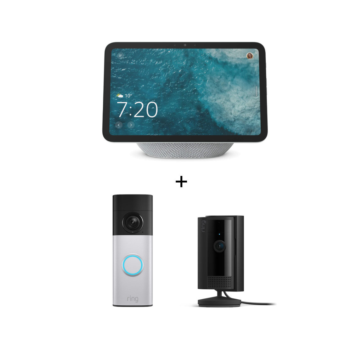 Amazon Starter Set - mit Echo Show 8 (Neueste Gen.) + Ring Battery Video Doorbell Plus (2. Gen.) + Indoor Cam (2. Gen.)