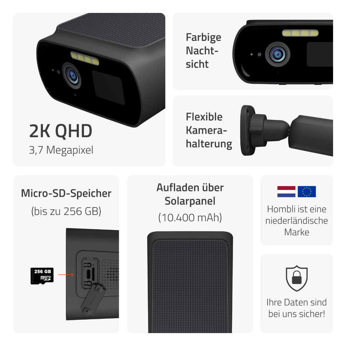 Hombli Solar Cam 2K - Smarte Solar-Kamera - Schwarz