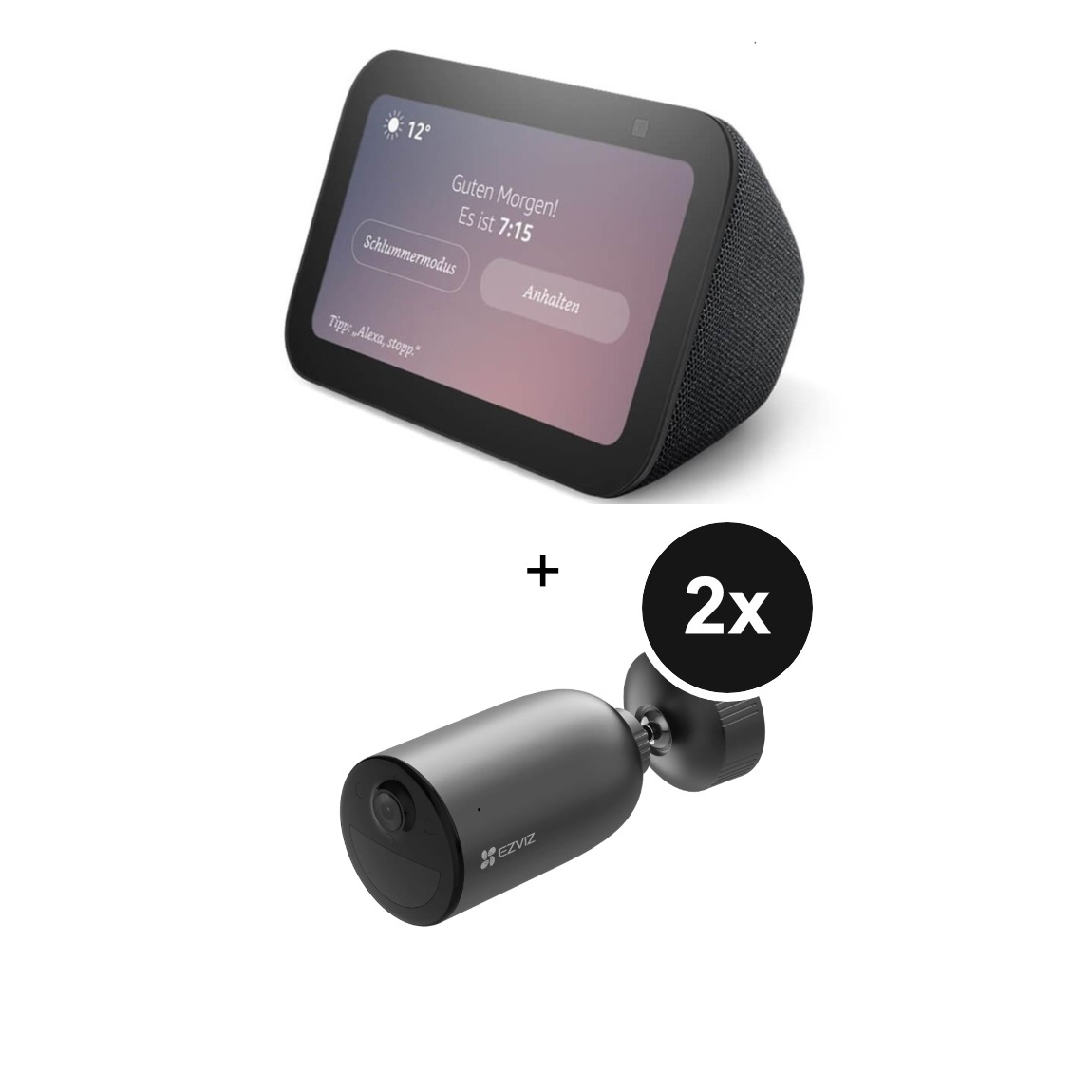 Amazon Echo Show 5 - Neueste Generation + EZVIZ EB3 2K - Akkubetriebene WLAN-Sicherheitskamera - 2er-Set