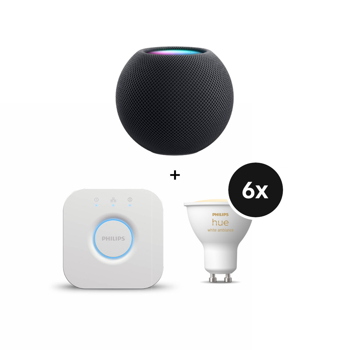 Apple HomePod mini + Philips Hue Bridge + White Ambiance GU10 - 6er-Set