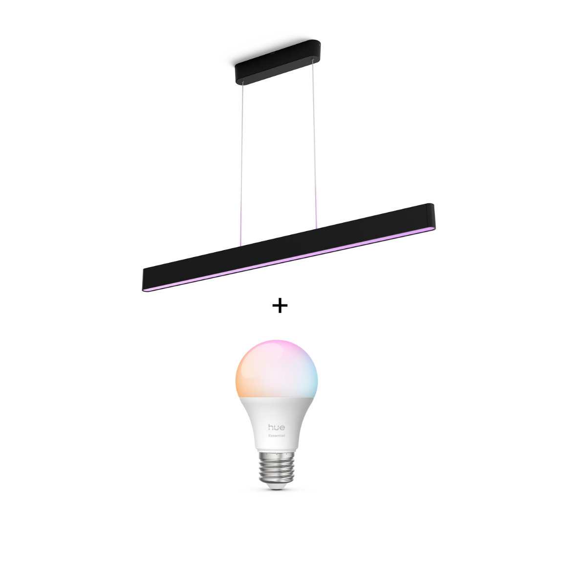 Philips Hue White & Color Ambiance Ensis Pendelleuchte 5500lm - Schwarz + Essential White and Color Ambiance E27 8W LED Lampe (+GRATIS Hombli