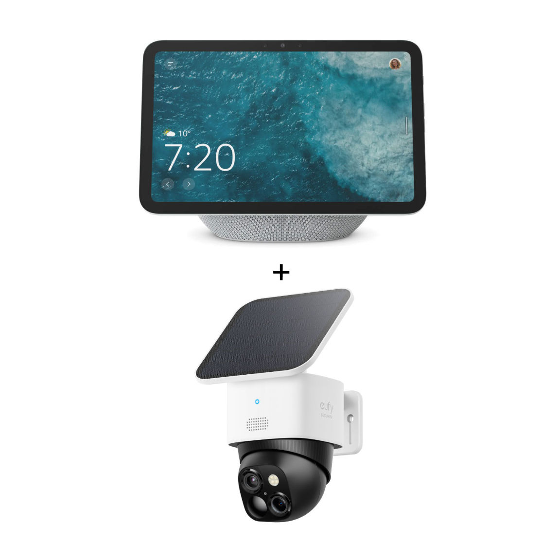 Amazon Echo Show 8 - Neueste Generation + eufy SoloCam S340 - Dual Kamera Schwenk & Neige Outdoor Kamera
