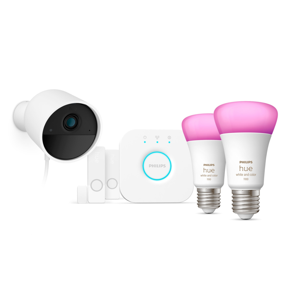 Philips Hue Secure Kamera Bundle - 1x kabelgebundene Kamera + 2x Kontaktsensor + 2x Philips Hue White & Color Ambiance E27 + Bridge - Weiß (+GRATIS