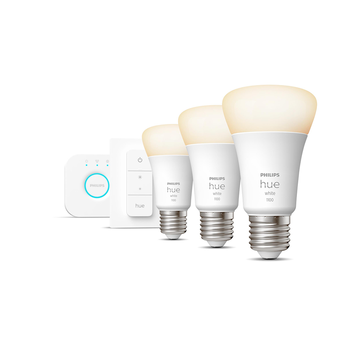 Philips Hue White E27 1100lm Bluetooth Starter Kit - 3 Lampen, Bridge, Dimmschalter - Weiß