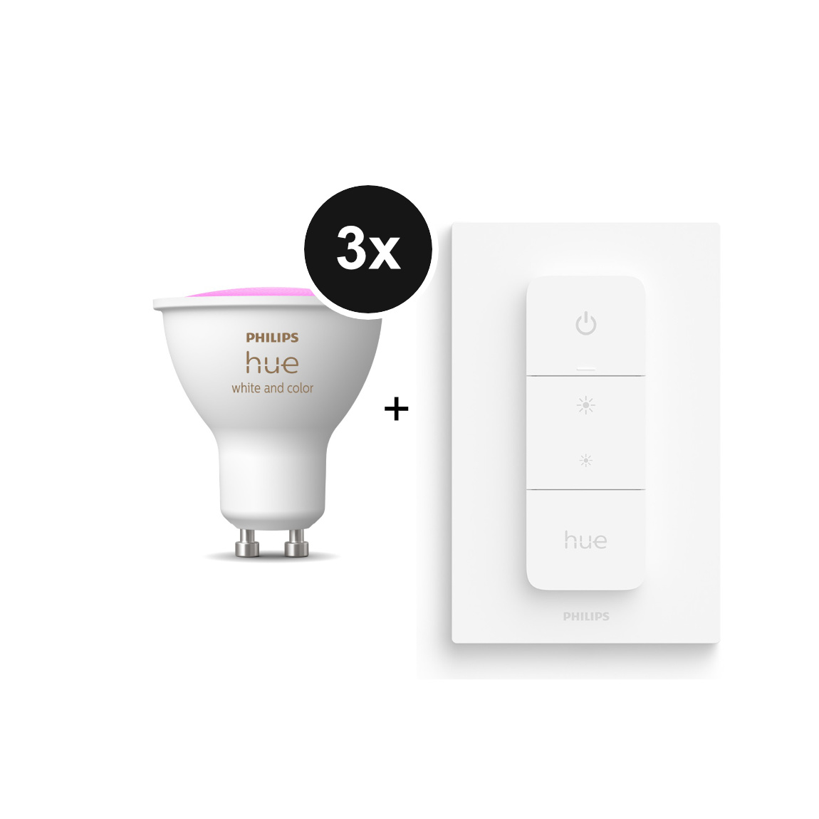 Philips Hue Set - mit 3 White & Color Ambiance GU10 LED Lampen 400lm + Dimmschalter