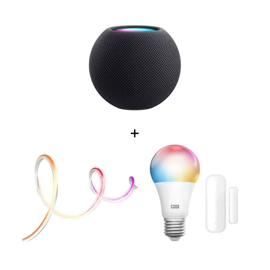Apple Starter Set - mit HomePod Mini, tink Basics Matter Neon Light Strip, Door & Window Sensor + White & Color E27 Bulb
