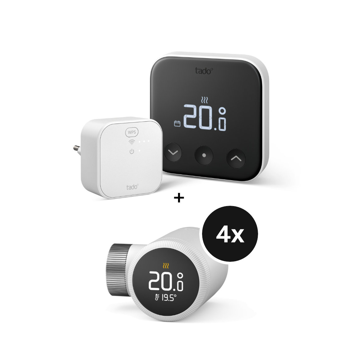 tado&deg; X Starter Kit mit Smartes Thermostat, Heizk&ouml;rper-Thermostat - 4er-Set & Bridge - f&uuml;r Gasthermen