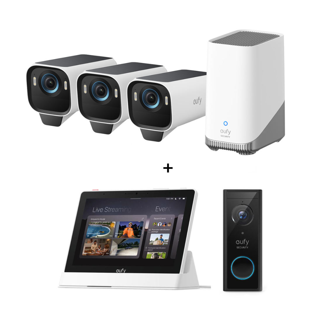 eufyCam S3 Pro Starter-Set 3+1 - 3er-Kameraset mit HomeBase 3 + Video Doorbell 2K + Smart Display E10
