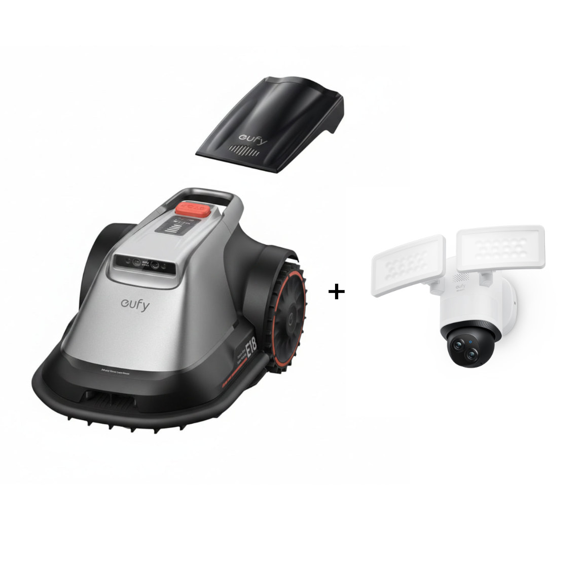 eufy Set - mit Mähroboter E18 + gratis Garage + Floodlight Cam E340 Flutlicht-Kamera