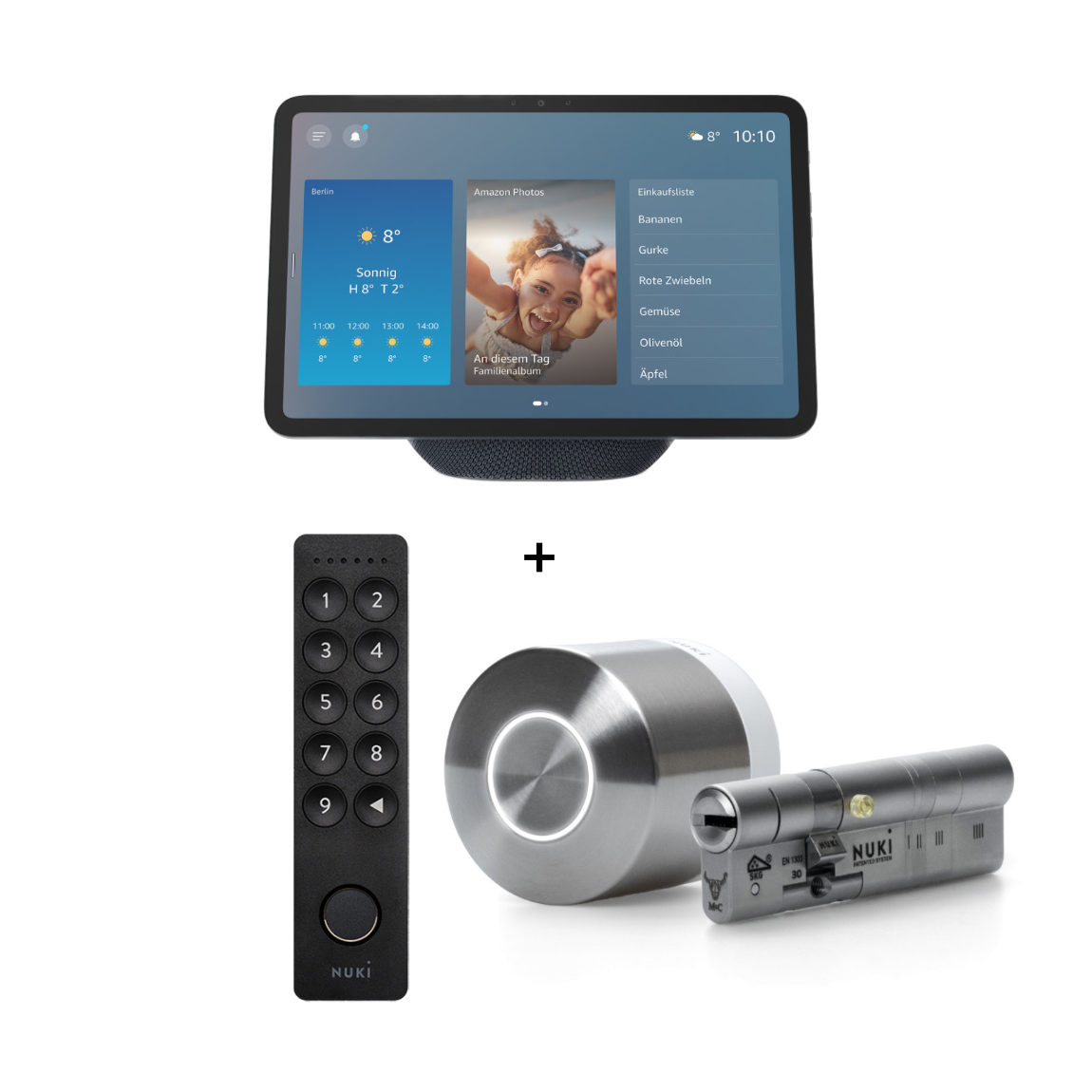 Amazon Echo Show 11 - Neueste Generation + Nuki Smart Lock Ultra - mit gratis Universalzylinder + Keypad 2.0 (+GRATIS Hombli Lichterkette)