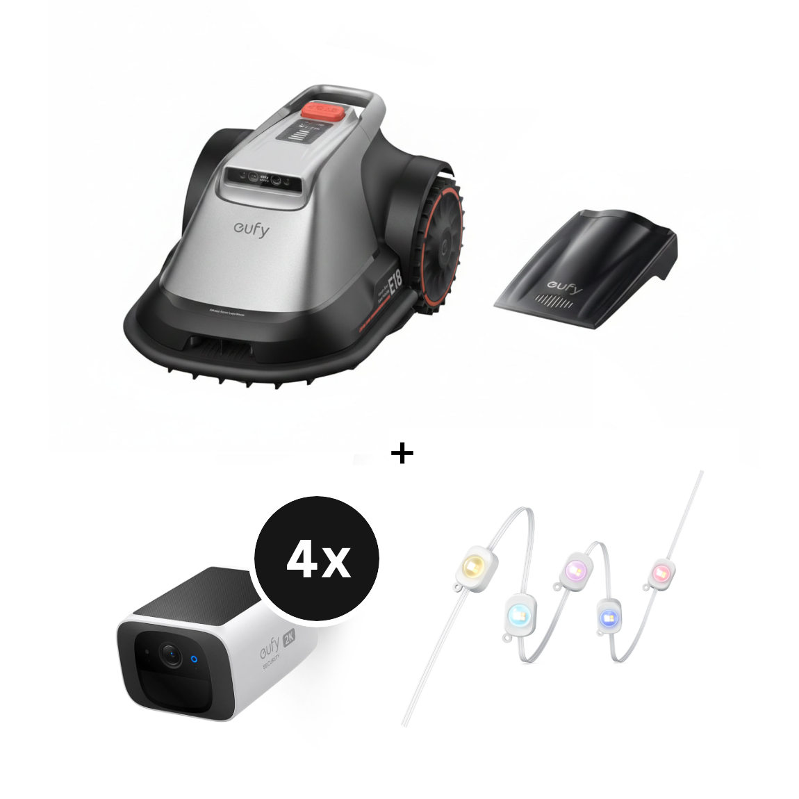 eufy Set - mit Mähroboter E18, gratis Garage, 4 SoloCam S220 Außenkameras + Permanent Outdoor Light 15m