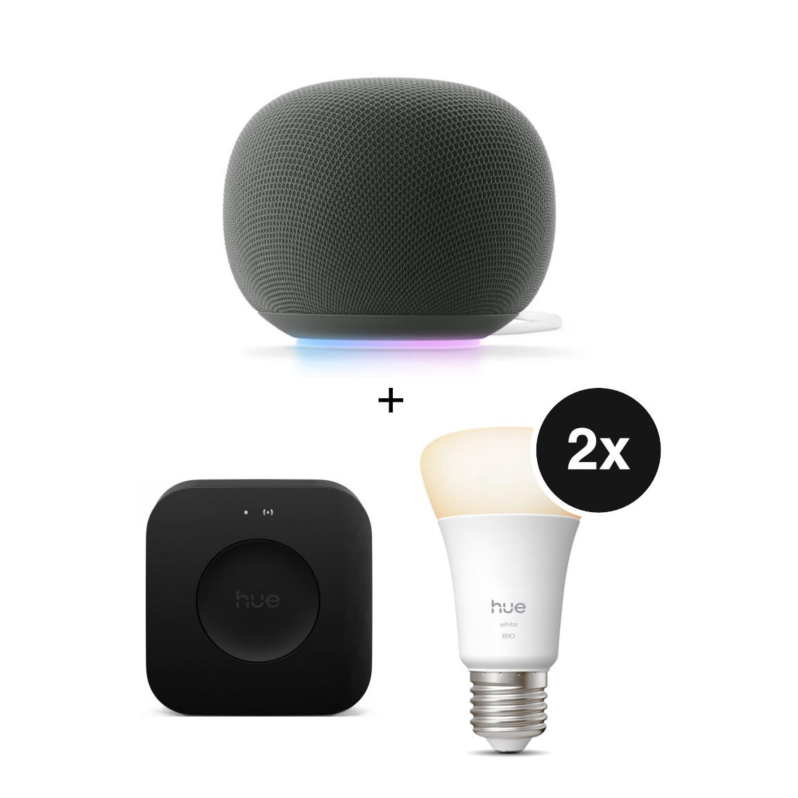 Google Starter Set - mit Home Speaker + Philips Hue Bridge Pro + 2 White Ambiance E27 Lampen