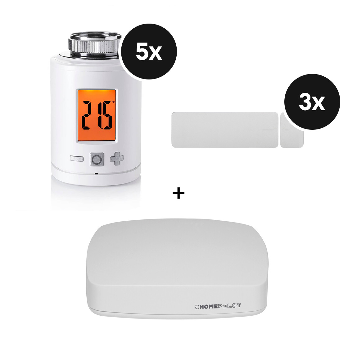 HOMEPILOT Starter Set - mit Gateway premium + Heizkörper-Thermostat smart - 6er-Set + Tür- und Fensterkontakt smart - 3er-Set